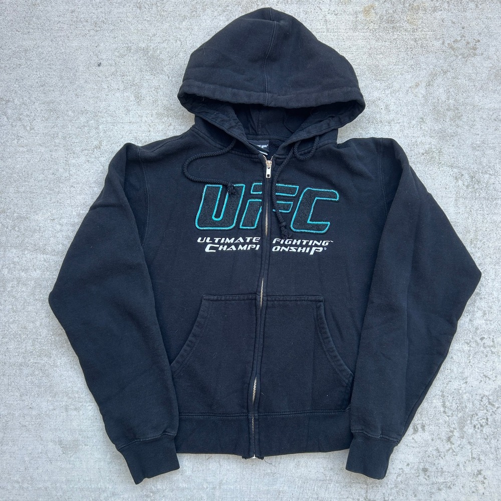 UFC Zip Up Hoodie Black Teal Spellout Logo Vintage Y2K Streetwear Archive MMA S
